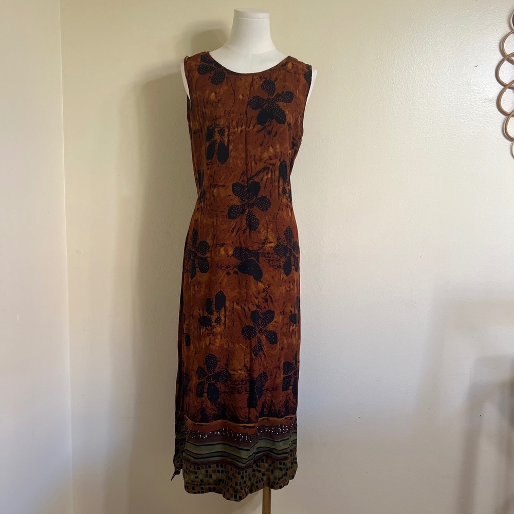 Jane Ashley Brown Batik Floral Sleeveless Maxi Dress Rayon Boho Slit Large